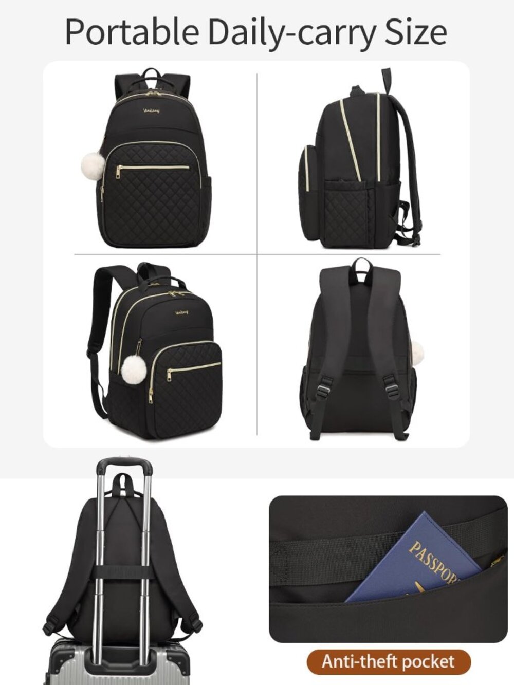 17.3in Laptop Backpack with Charging Hole for Women Girls, Water Resistant Quilt - Picture 6 of 7
